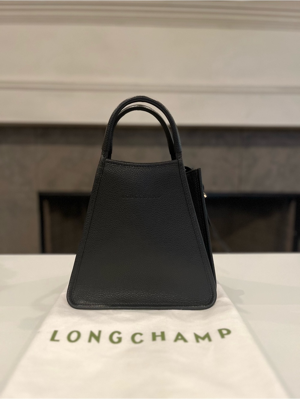 Longchamp Black Pebbled Leather Trapezoid Top-Handle Crossbody